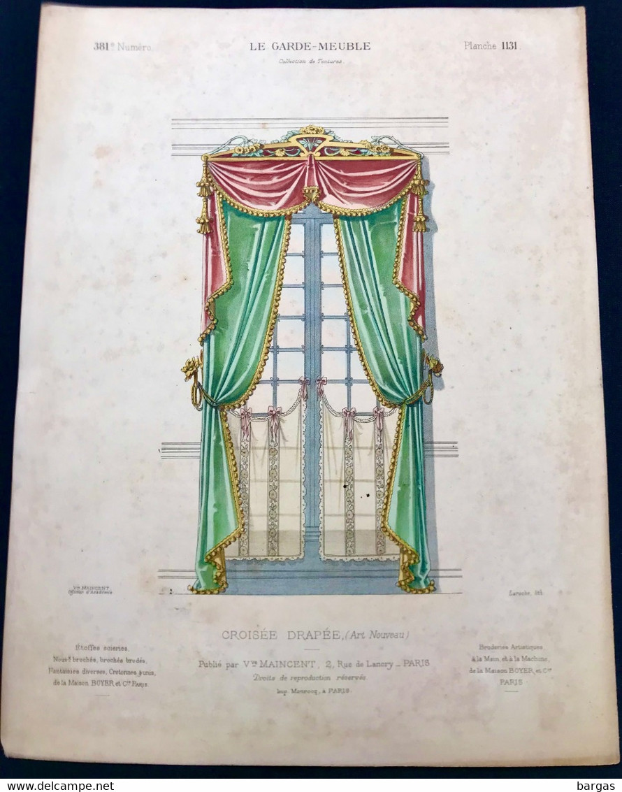 Planche Lithographie Couleur Rehaussée Tentures Passementerie Tissus Le Garde Meuble Décoration Décor - Lithographien