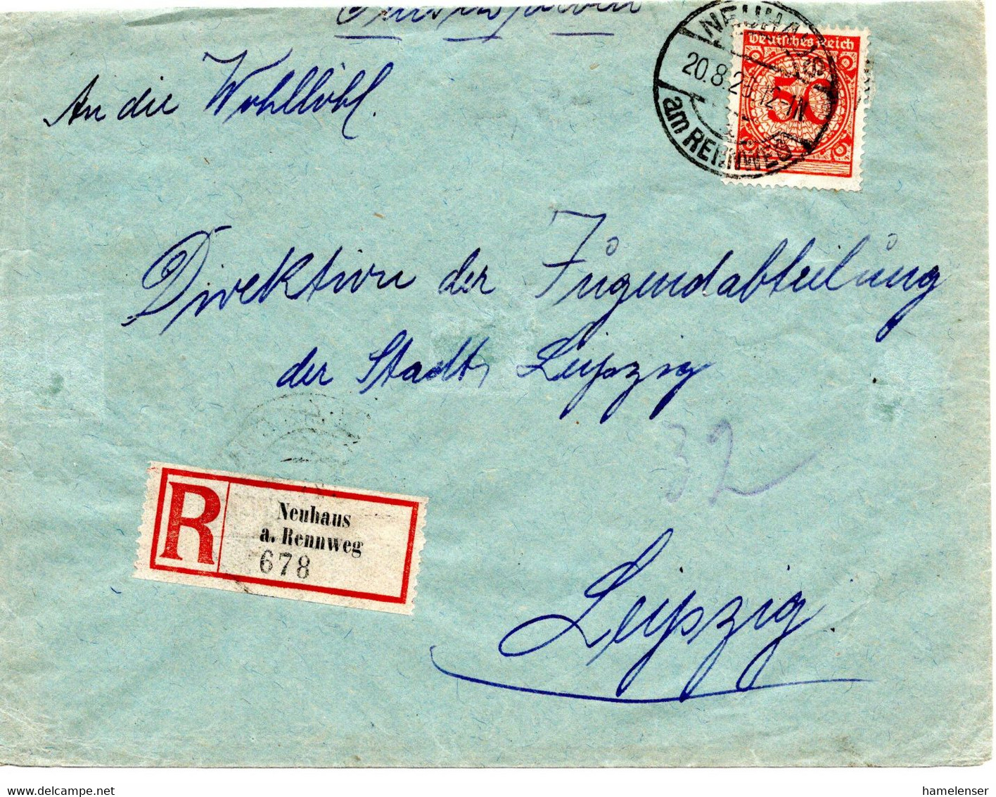 56834 - Deutsches Reich - 1926 - 50Pfg Korbdeckel EF A R-Bf (o Etw Reduziert) NEUHAUS -> LEIPZIG - Cartas & Documentos