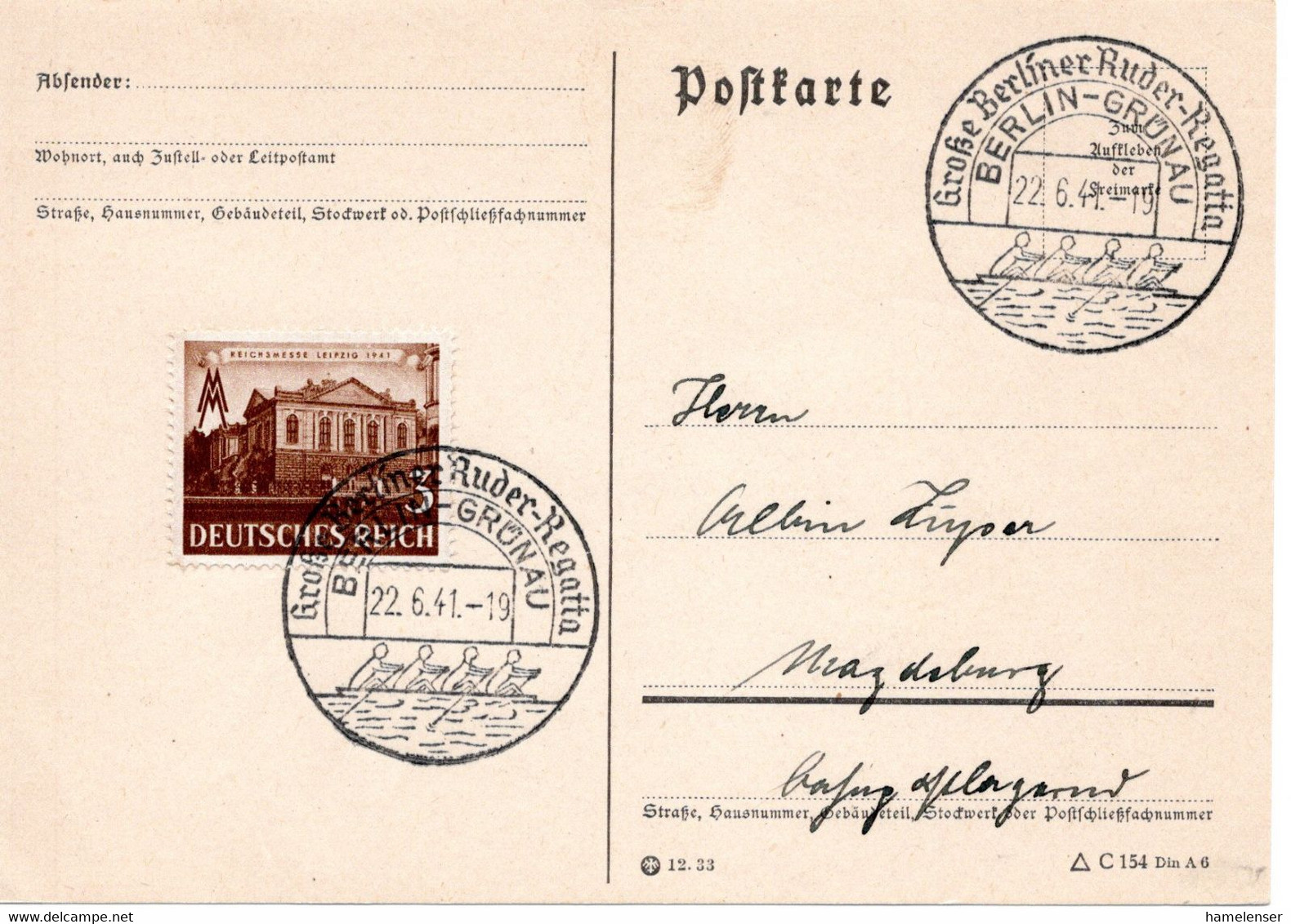 56836 - Deutsches Reich - 1941 - 3Pfg Leipziger Messe A DrucksKte SoStpl BERLIN - ... RUDER-REGATTA -> Magdeburg - Rowing