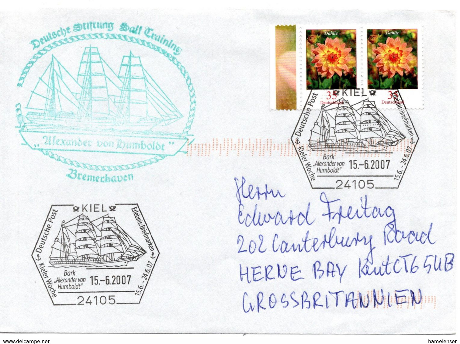 56837 - Bund - 2007 - 2@35c Blumen A Bf SoStpl KIEL - KIELER WOCHE ... -> Grossbritannien - Ships