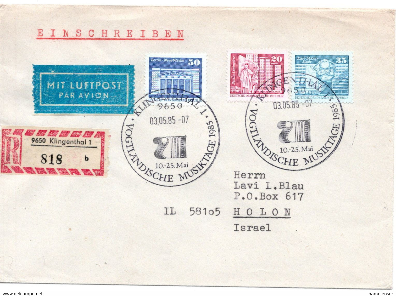 56845 - DDR - 1985 - 50Pfg Kl.Bauten MiF A R-LpBf SoStpl KLINGENTHAL - VOGTLAENDISCHE MUSIKTAGE -> HOLON (Israel) - Musica