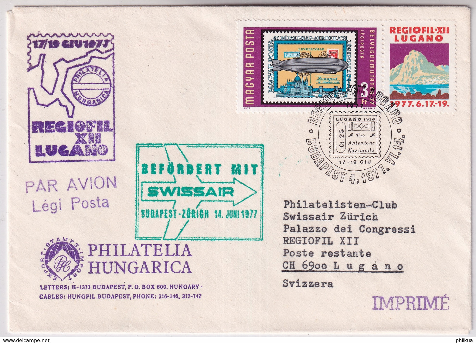 MiNr. 3201 Ungarn 1977, 2. Mai. Briefmarkenausstellunge In Lugano REGIOPHIL LUGANO - SWISSAIR Sonderflug - Expositions Philatéliques