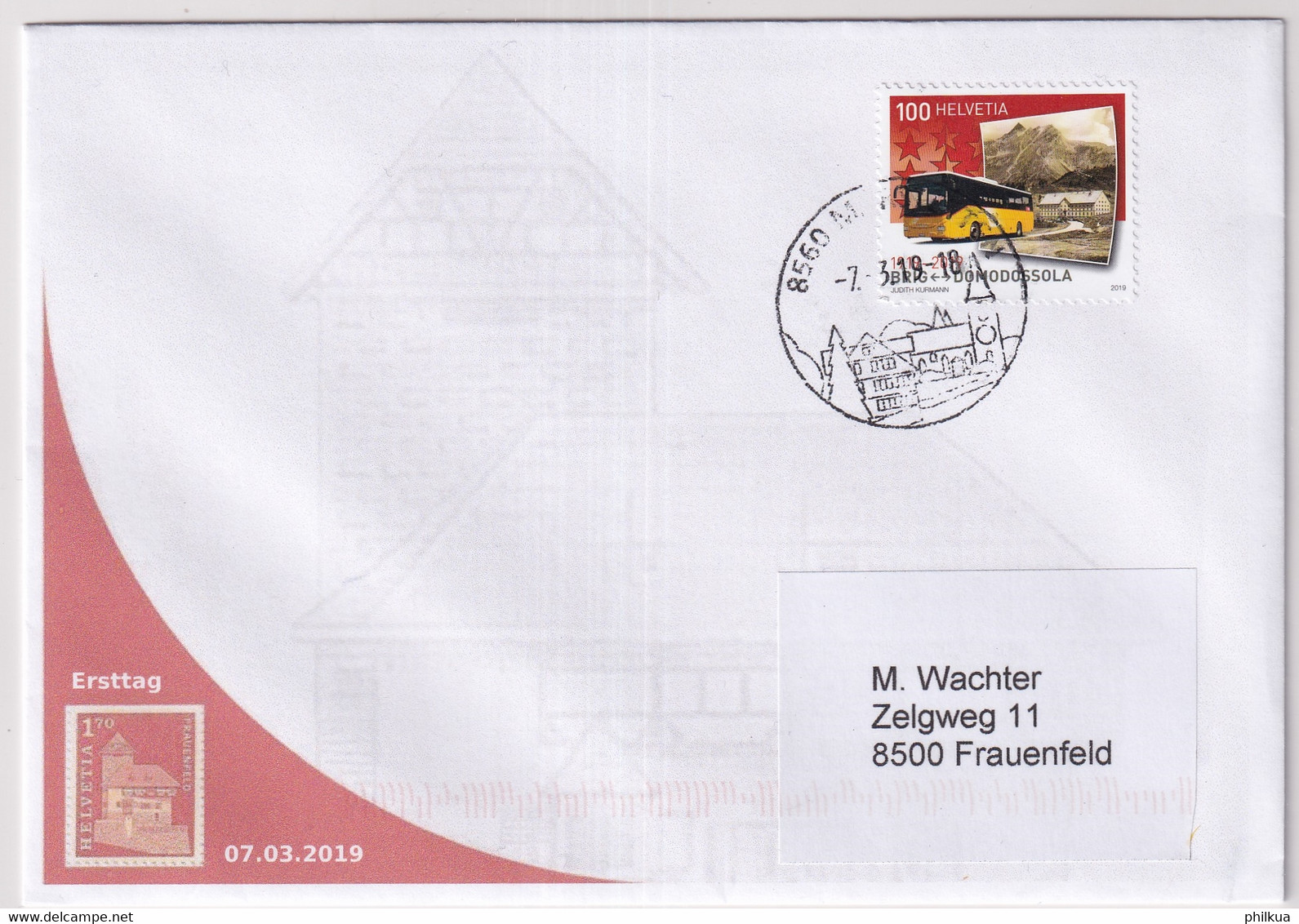 MiNr. 2590 Schweiz 2019, 7. März. 100 Jahre Postauto-Linien Gelaufenes PORTOGERECHTES FDC - ET - MÄRSTETTEN - Lettres & Documents