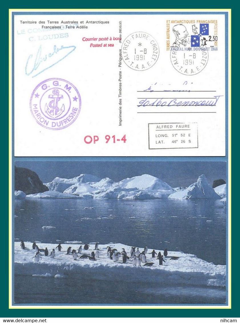 TAAF Entier Postal Stationery Amiral Douguet Obl. Alfred Faure Crozet 1991 Posté à Bord Posted At Sea Marion Dufresne - Entiers Postaux