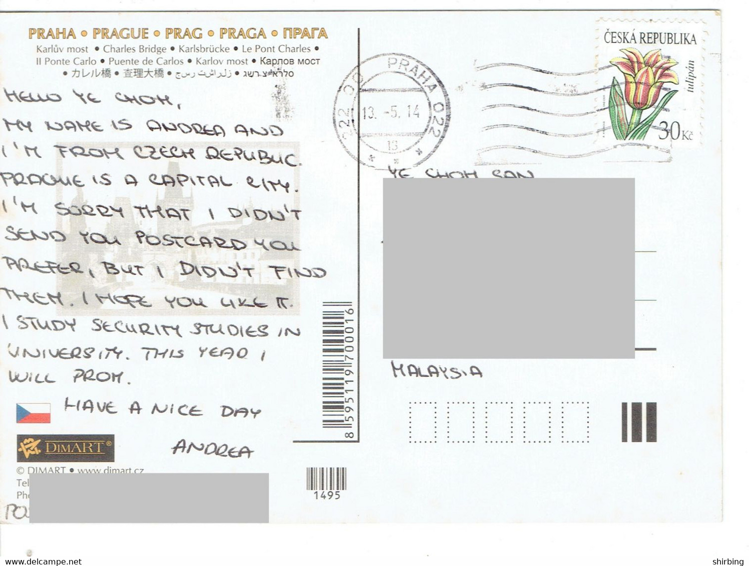 C5 : Czech Republic - Tulip Flower, Stamps Used On Postcard - Cartas & Documentos