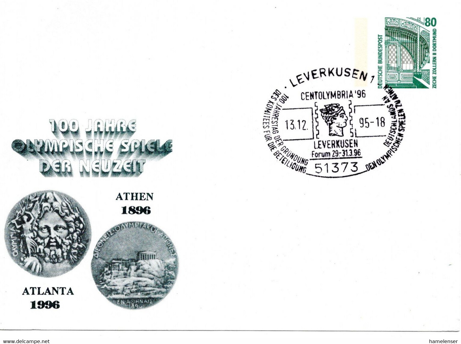 56856 - Bund - 1996 - 80Pfg SWK PGAKte "100 Jahre Olympische Spiele" SoStpl LEVERKUSEN - CENTOLYMBRIA ... - Summer 1896: Athens