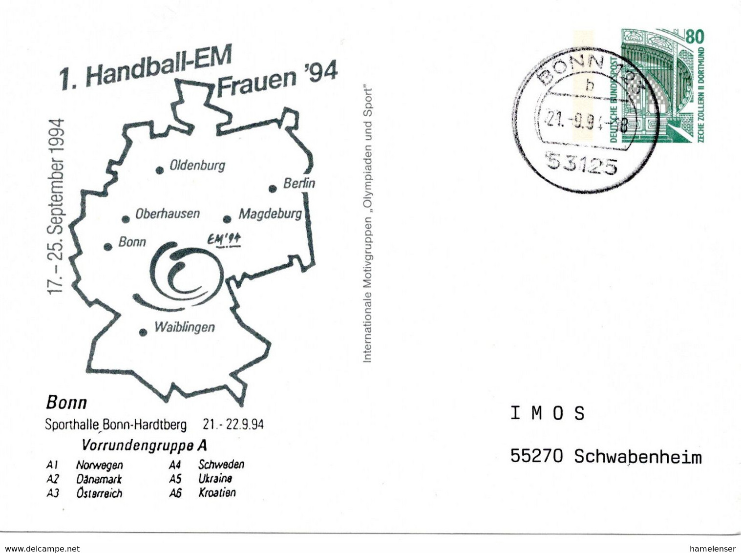 56857 - Bund - 1994 - 80Pfg SWK PGAKte "Frauen Handball-EM" BONN -> Schwabenheim - Balonmano