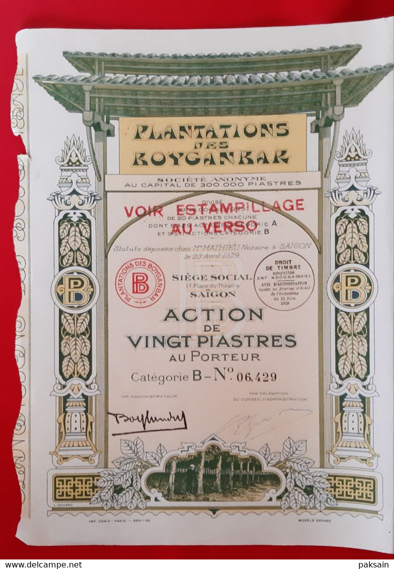 2 Actions Plantations De ROYGANBAR 1930 Annam Vietnam Indochine Action De Vingt Piastres Mathieu Notaire à Saigon - Azië