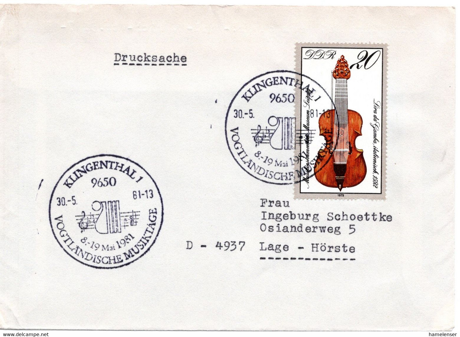 56859 - DDR - 1981 - 20Pfg Geige EF A DrucksBf SoStpl KLINGENTHAL - VOGTLAENDISCHE MUSIKTAGE -> Westdeutschland - Musik