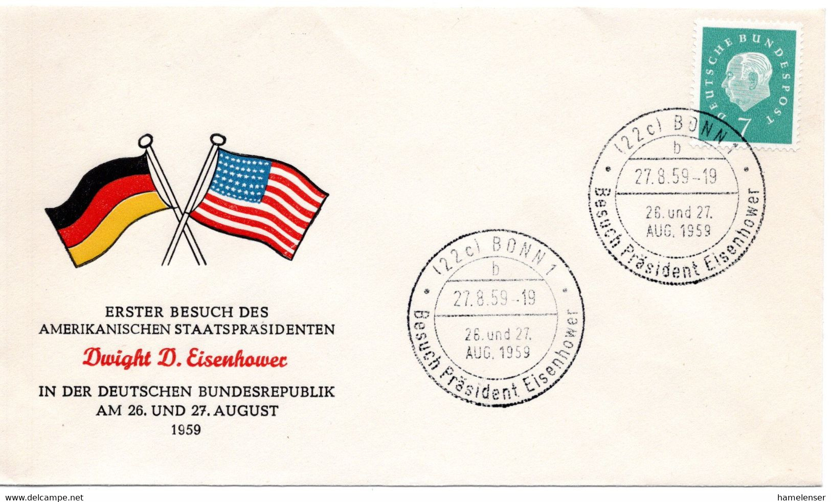 56862 - Bund - 1959 - 7Pfg Heuss III A Umschl SoStpl BONN - BESUCH PRAESIDENT EISENHOWER ... - Autres & Non Classés