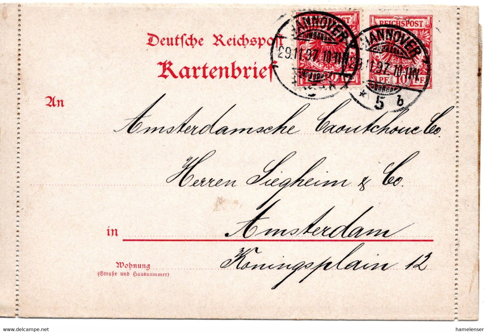 56867 - Deutsches Reich - 1897 - 10Pfg Krone&Adler GAKtenBf M ZusFrank HANNOVER -> AMSTERDAM (Niederlande) - Briefe U. Dokumente