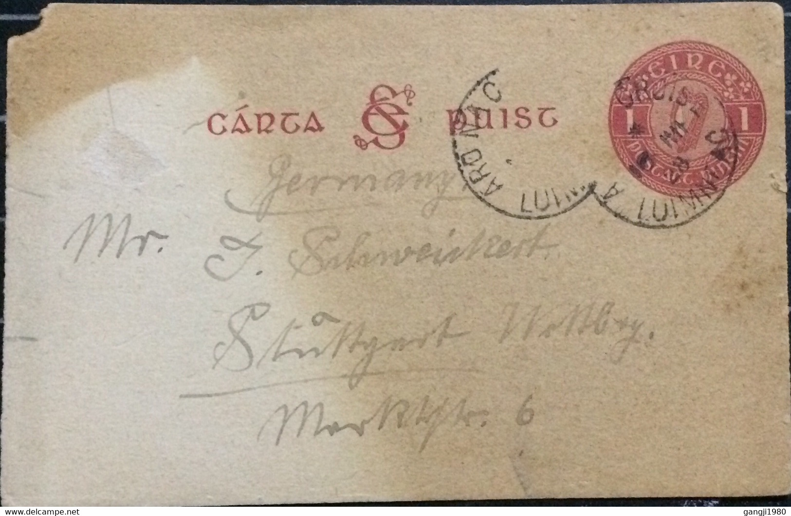 IRELAND 1928, STATIONERY CARD USED, MUSIC INSTRUMENT, ARO MACROSE LUIMNEACH CITY CANCEL - Covers & Documents