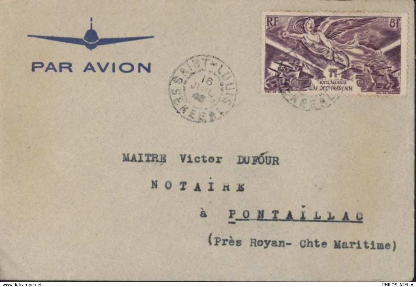 Sénégal Par Avion YT AOF Poste Aérienne 8F Violet Lilas Anniversaire Victoire Seul Sur Lettre CAD St Saint Louis 16 7 46 - Poste Aérienne