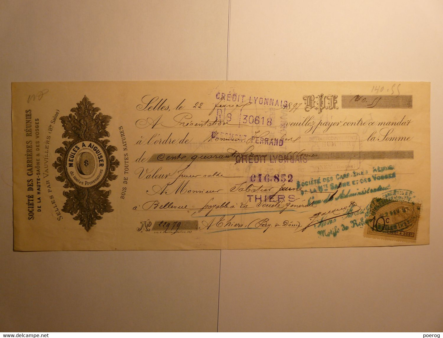 MANDAT LETTRE DE CHANGE CHEQUE De 1897 - SELLES CARRIERES MEULES A AIGUISER VOSGES - THIERS - TAMPONS ET TIMBRES - Bills Of Exchange