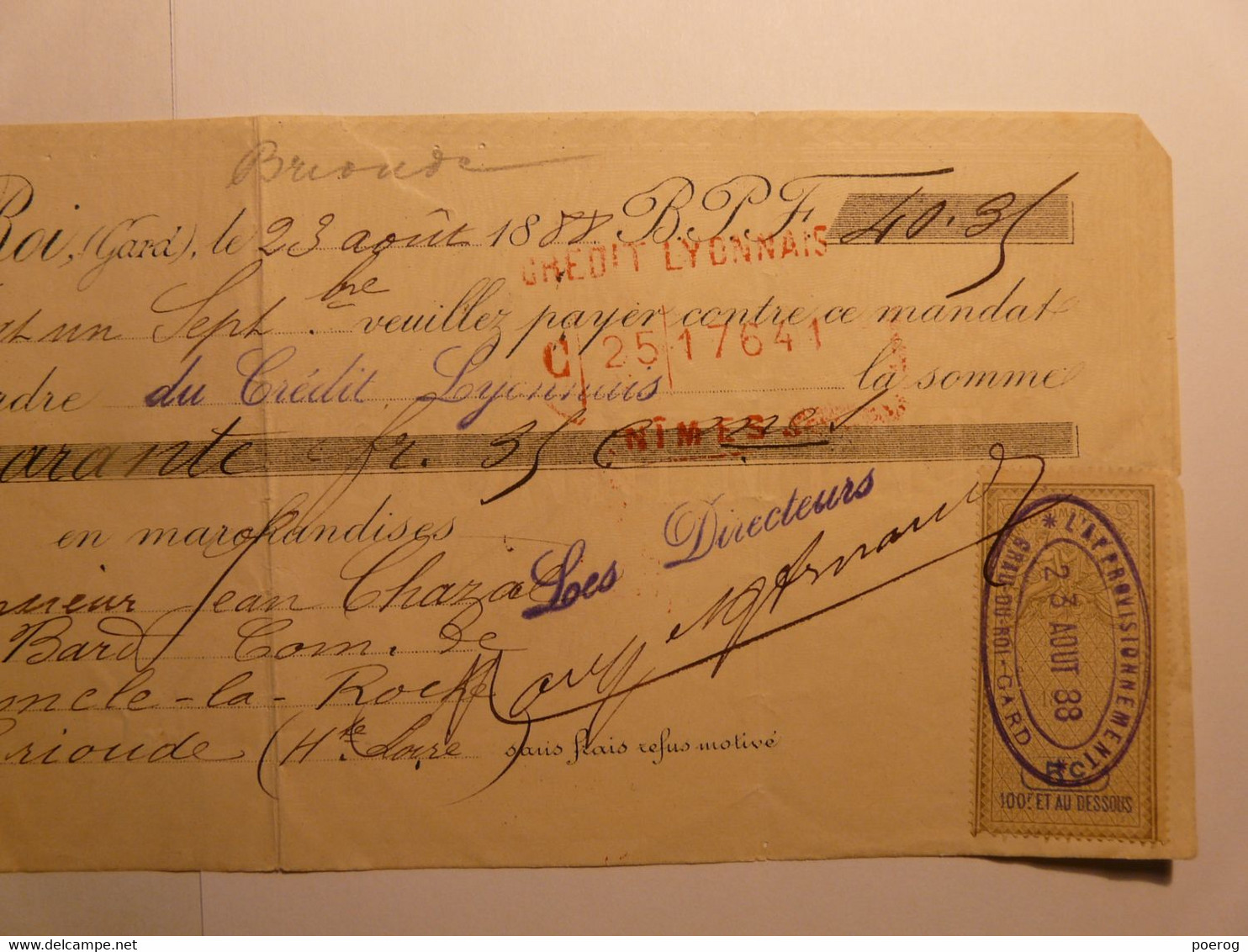 MANDAT LETTRE DE CHANGE CHEQUE De 1888 - GROS DU ROI VINS ET SPIRITUEUX L'APPROVISIONNEMENT  - TAMPONS ET TIMBRES - Bills Of Exchange