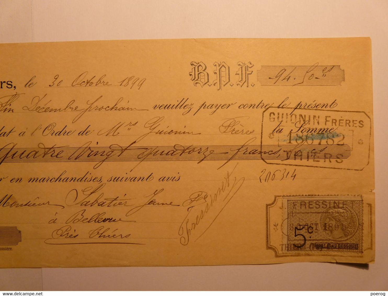 MANDAT LETTRE DE CHANGE CHEQUE De 1899 - J. FRESSINET COUTELLERIE THIERS  - TAMPONS ET TIMBRES - Bills Of Exchange