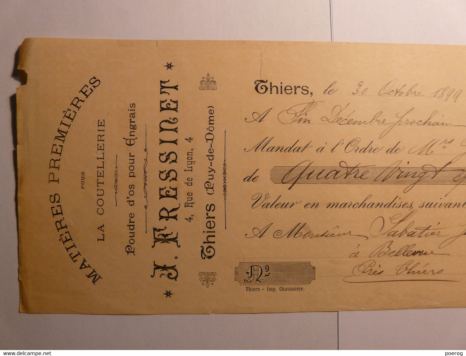 MANDAT LETTRE DE CHANGE CHEQUE De 1899 - J. FRESSINET COUTELLERIE THIERS  - TAMPONS ET TIMBRES - Bills Of Exchange