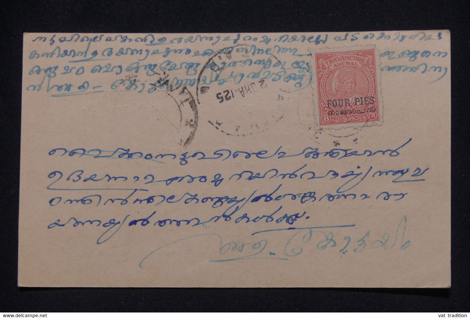 INDE /TRAVANCORE - Affranchissement Surchargé Sur Carte De Correspondance - L 139364 - Travancore