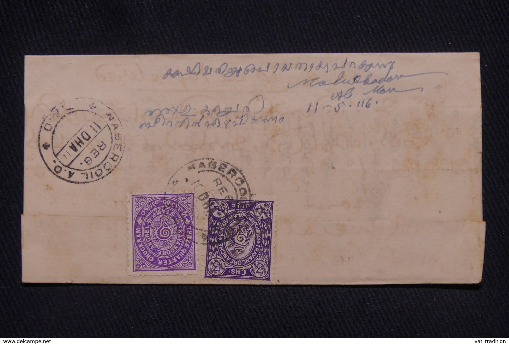 INDE /TRAVANCORE - Affranchissement Au Verso D'une Lettre De Nagercoil En Recommandé En 1911 - L 139365 - Travancore