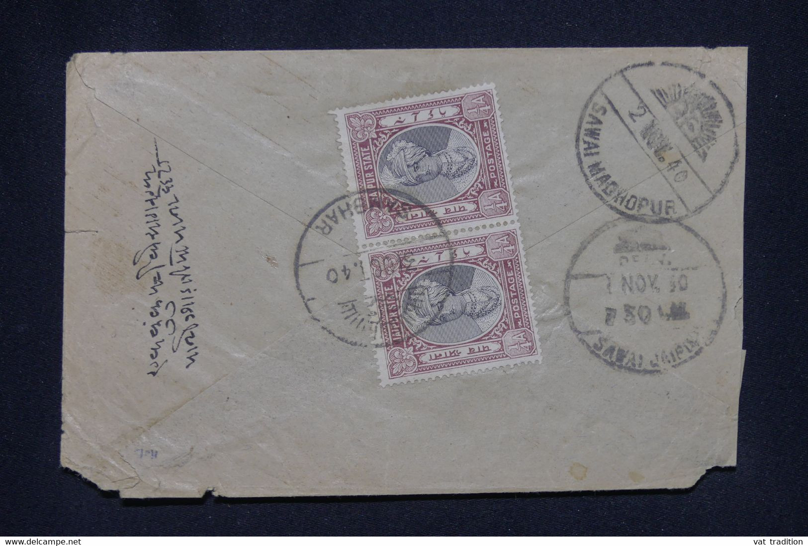 INDE / JAIPUR - Affranchissement Au Verso D'une Enveloppe Pour Sawai Madhopur En 1940 - L 139366 - Jaipur