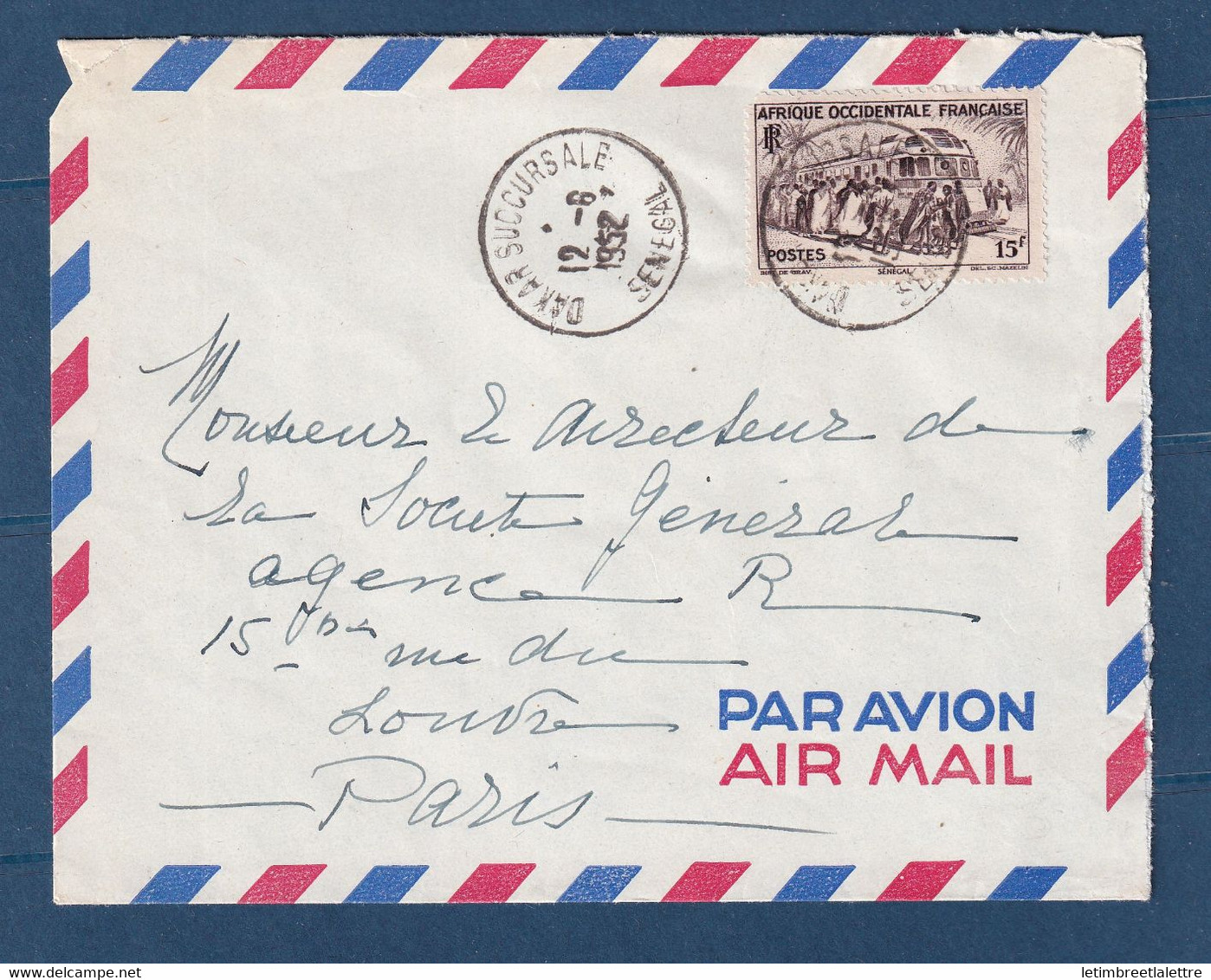 ⭐ Sénégal - Lettre Par Avion Avec Cachet Dakar Succursale - Affranchie à 15 Fr - AOF YT N° 40 - 1952 ⭐ - Covers & Documents