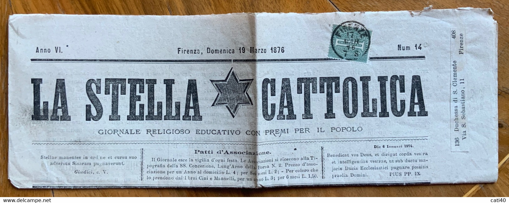 GIORNALE RELIGIOSO LA STELLA CATTOLICA Del 19 MARZO 1876  COMPLETO E BEN CONSERVATO AFFRANCATO CON 1 C. - Prime Edizioni