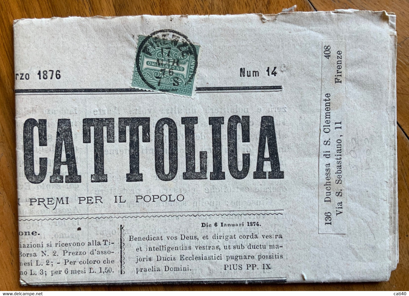 GIORNALE RELIGIOSO LA STELLA CATTOLICA Del 19 MARZO 1876  COMPLETO E BEN CONSERVATO AFFRANCATO CON 1 C. - First Editions