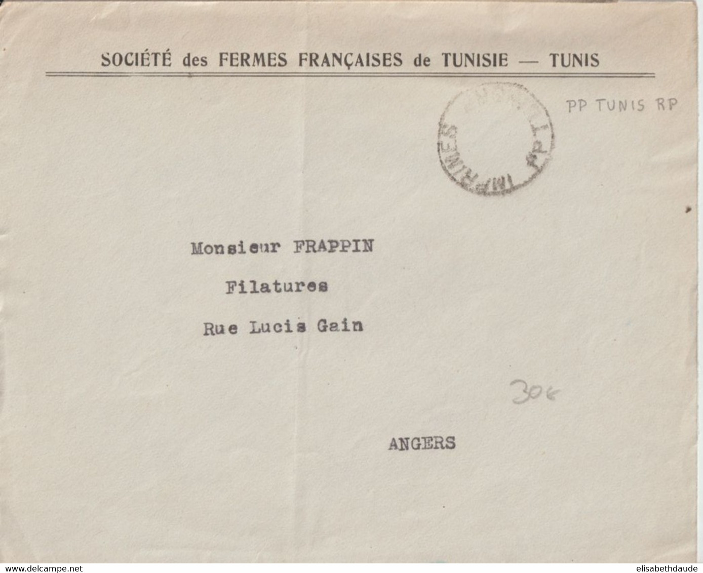 TUNISIE - CACHET RARE EVIDE ! Des IMPRIMES PORT-PAYES PP De TUNIS Sur ENVELOPPE => ANGERS - Storia Postale