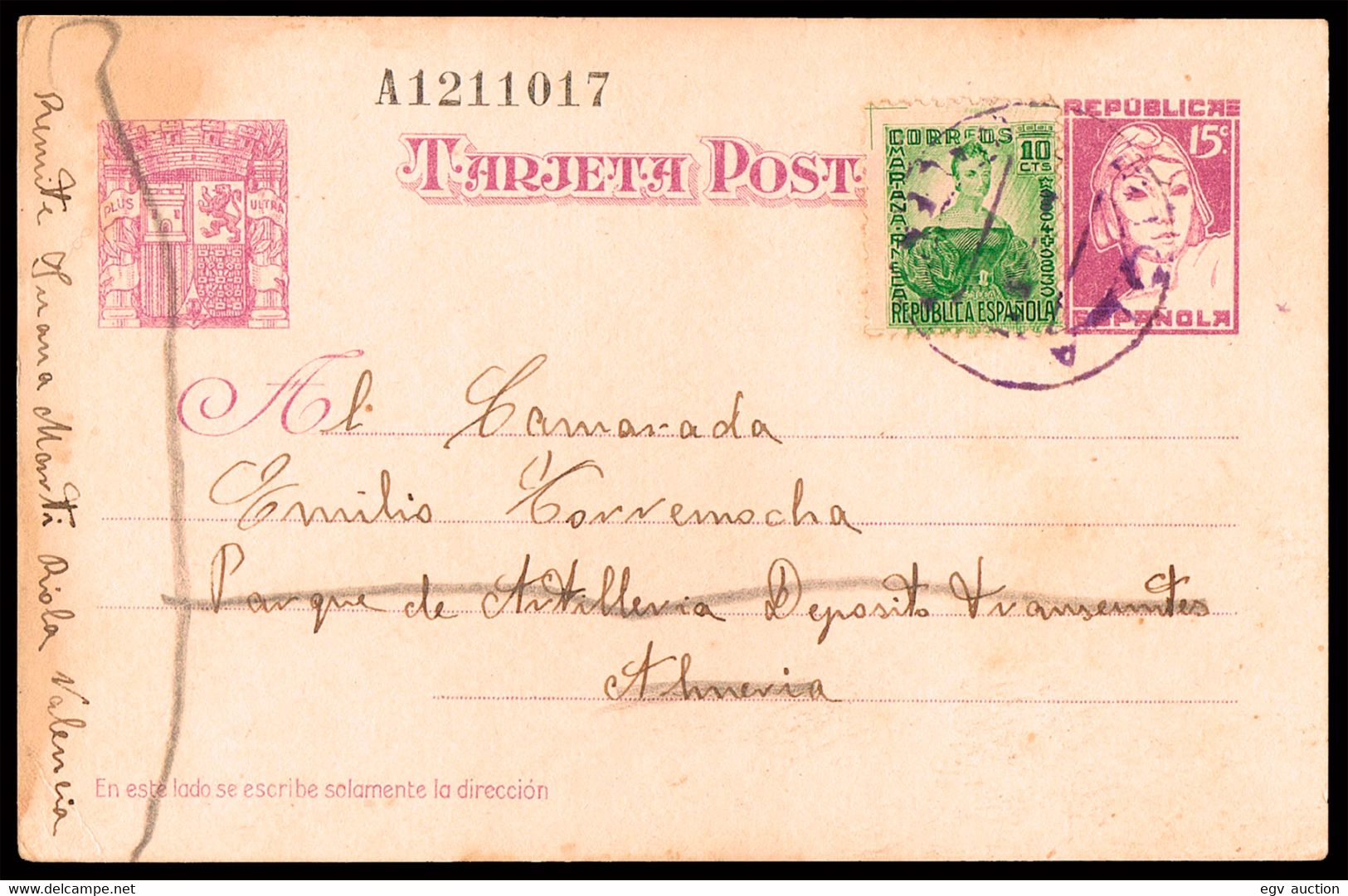 Valencia - Edi O EP 75Fc + - Entero Postal Con Sello Mariana Pineda Mat "Riola 2/9/37" A Almería - 1931-....