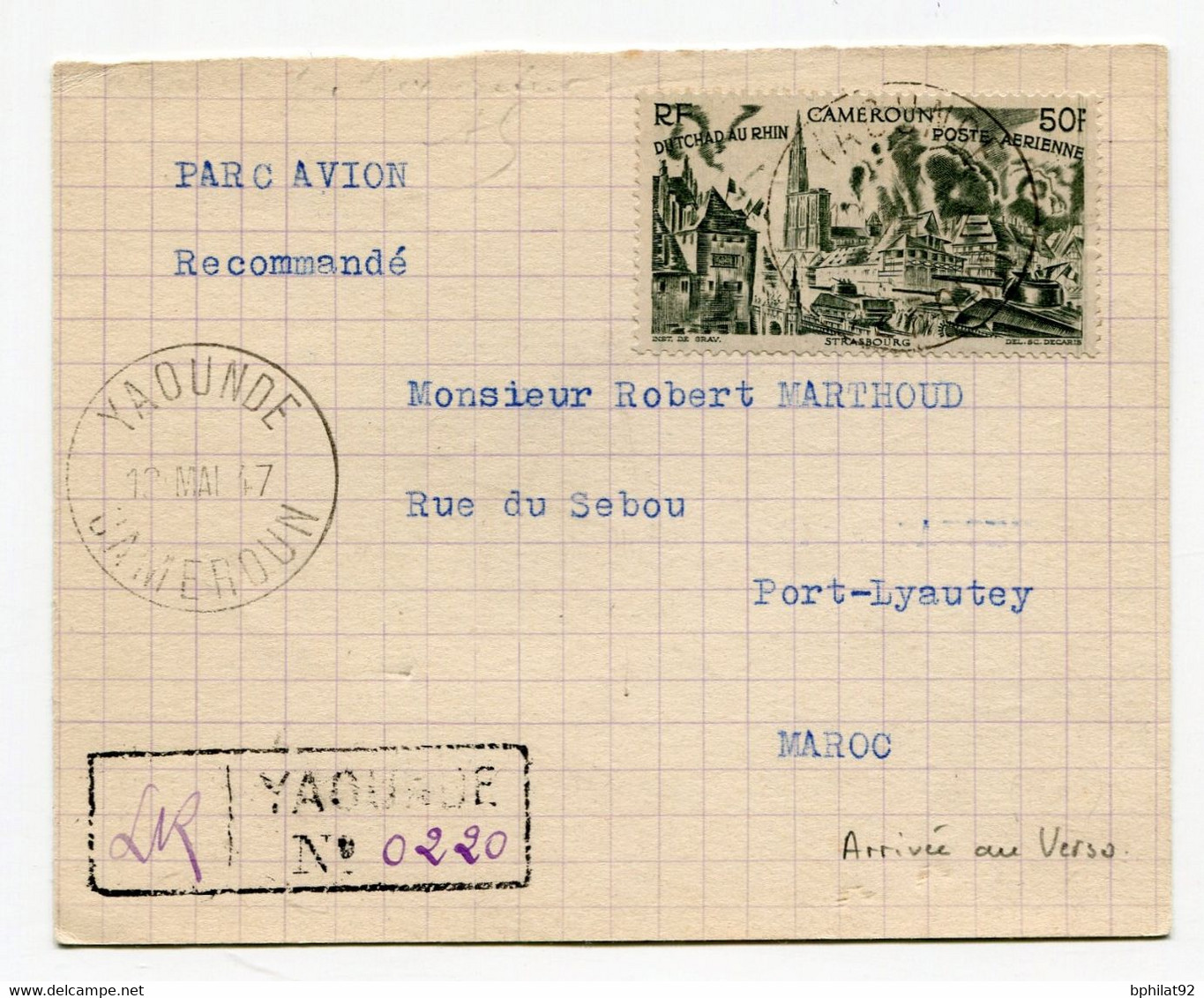 !!! CAMEROUN, DOCUMENT RECOMMANDE PAR AVION DE YAOUNDE DE 1947 POUR PORT-LYAUTEY (MAROC) - Cartas & Documentos