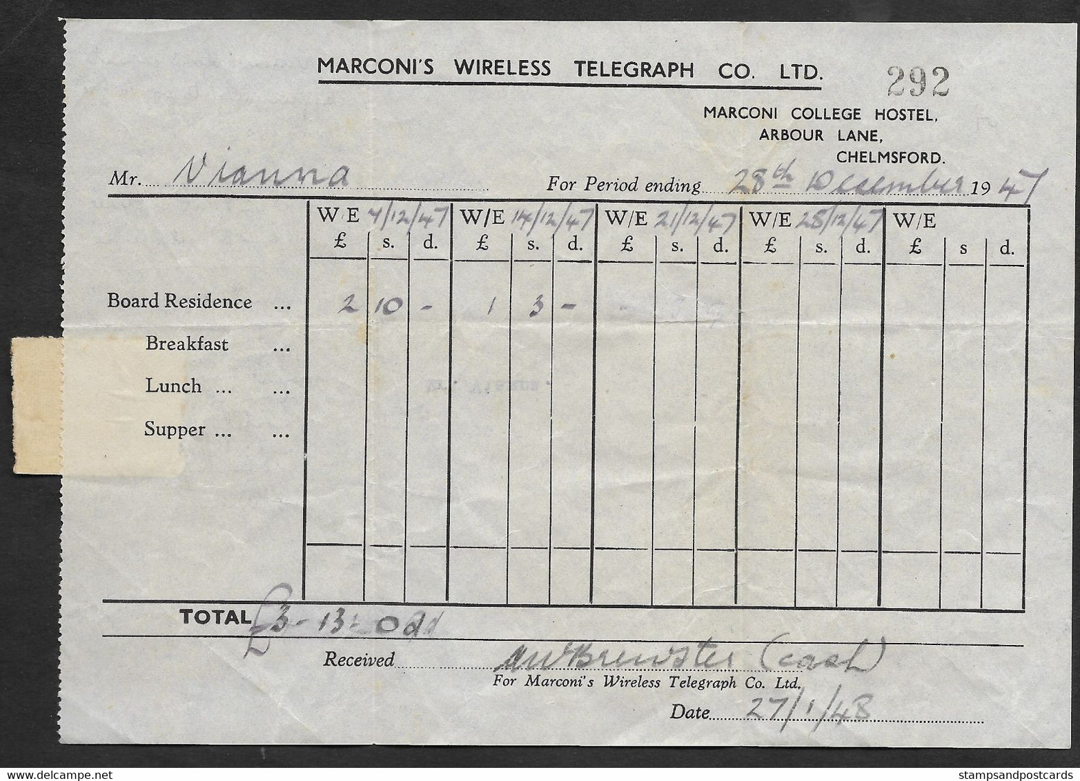 United Kingdom Marconi College Hostel Chelmsford Marconi's Wreless Telegraph Co. Receipt 1948 Royaume Uni Reçu - Royaume-Uni