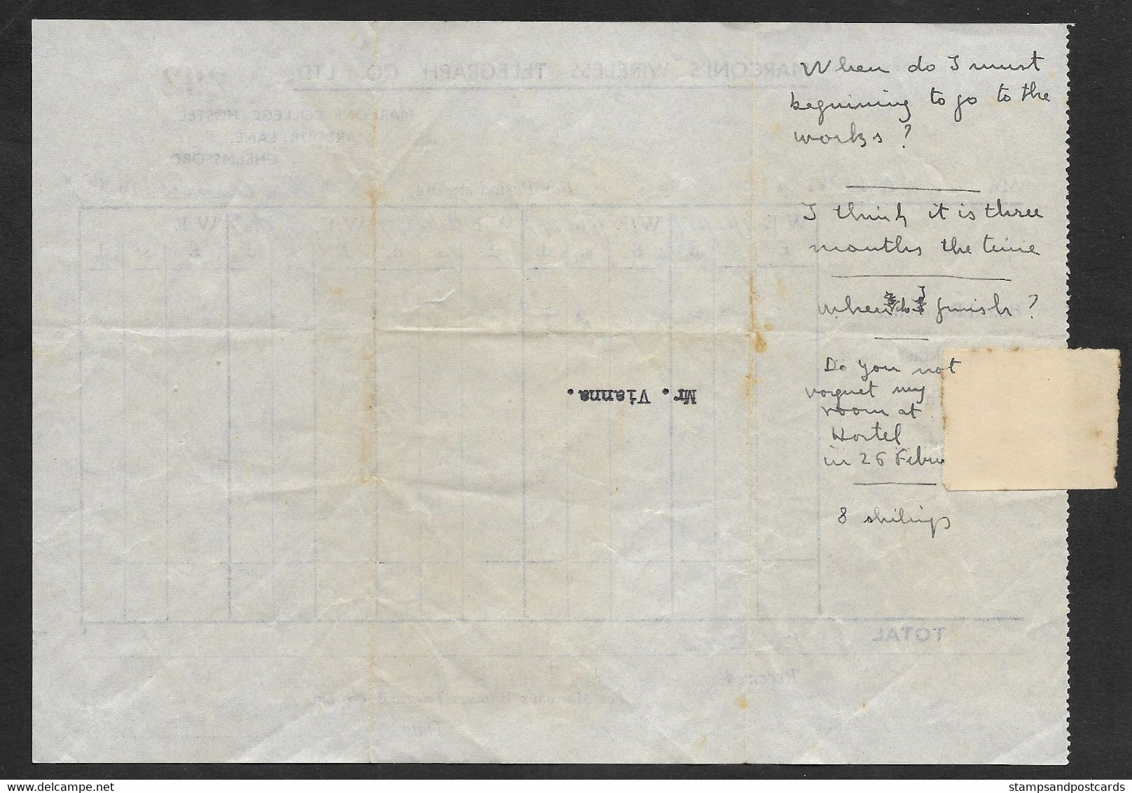 United Kingdom Marconi College Hostel Chelmsford Marconi's Wreless Telegraph Co. Receipt 1948 Royaume Uni Reçu - Royaume-Uni