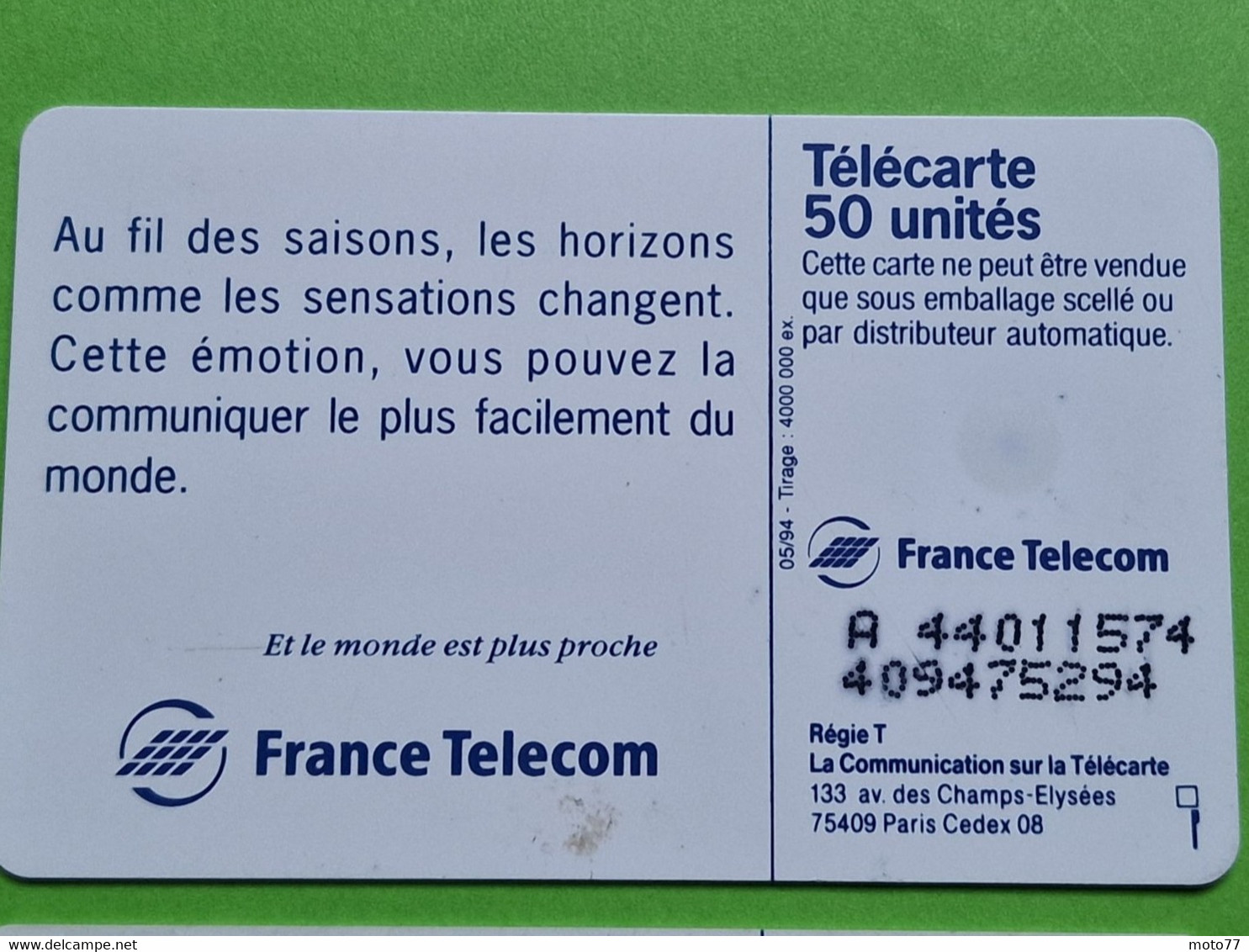 Lot série des 4 cartes téléphonique de France - VIDE - Télécarte Cabine téléphone - Les 4 saisons - 1994 95