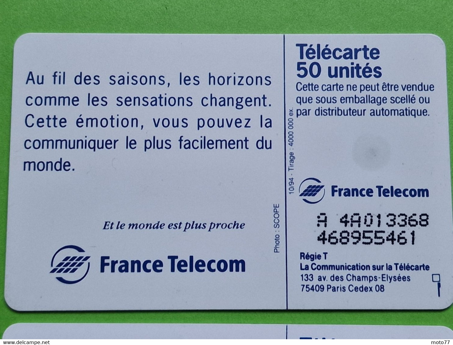Lot série des 4 cartes téléphonique de France - VIDE - Télécarte Cabine téléphone - Les 4 saisons - 1994 95