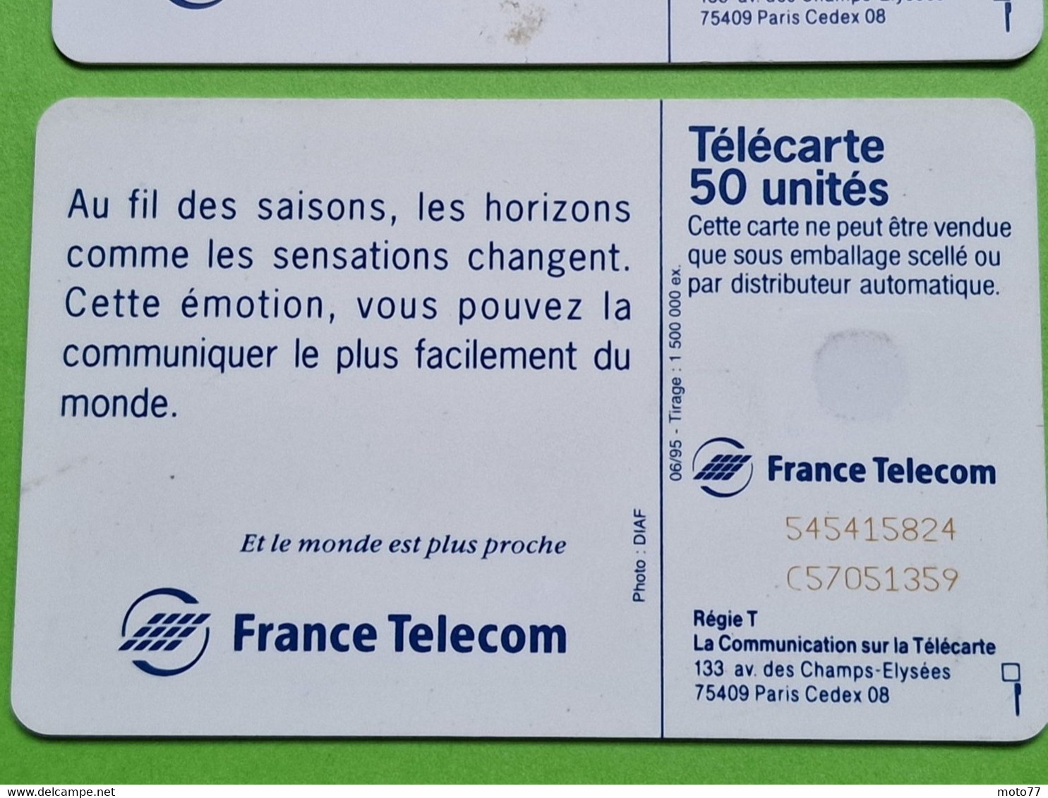 Lot série des 4 cartes téléphonique de France - VIDE - Télécarte Cabine téléphone - Les 4 saisons - 1994 95