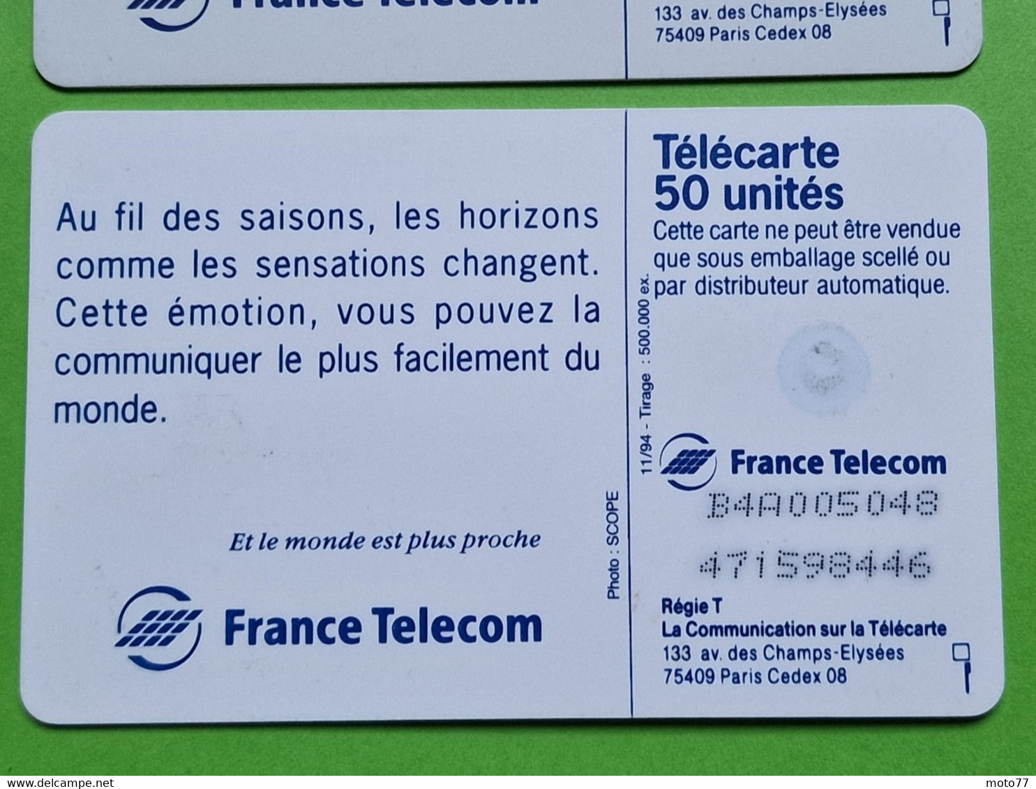 Lot série des 4 cartes téléphonique de France - VIDE - Télécarte Cabine téléphone - Les 4 saisons - 1994 95