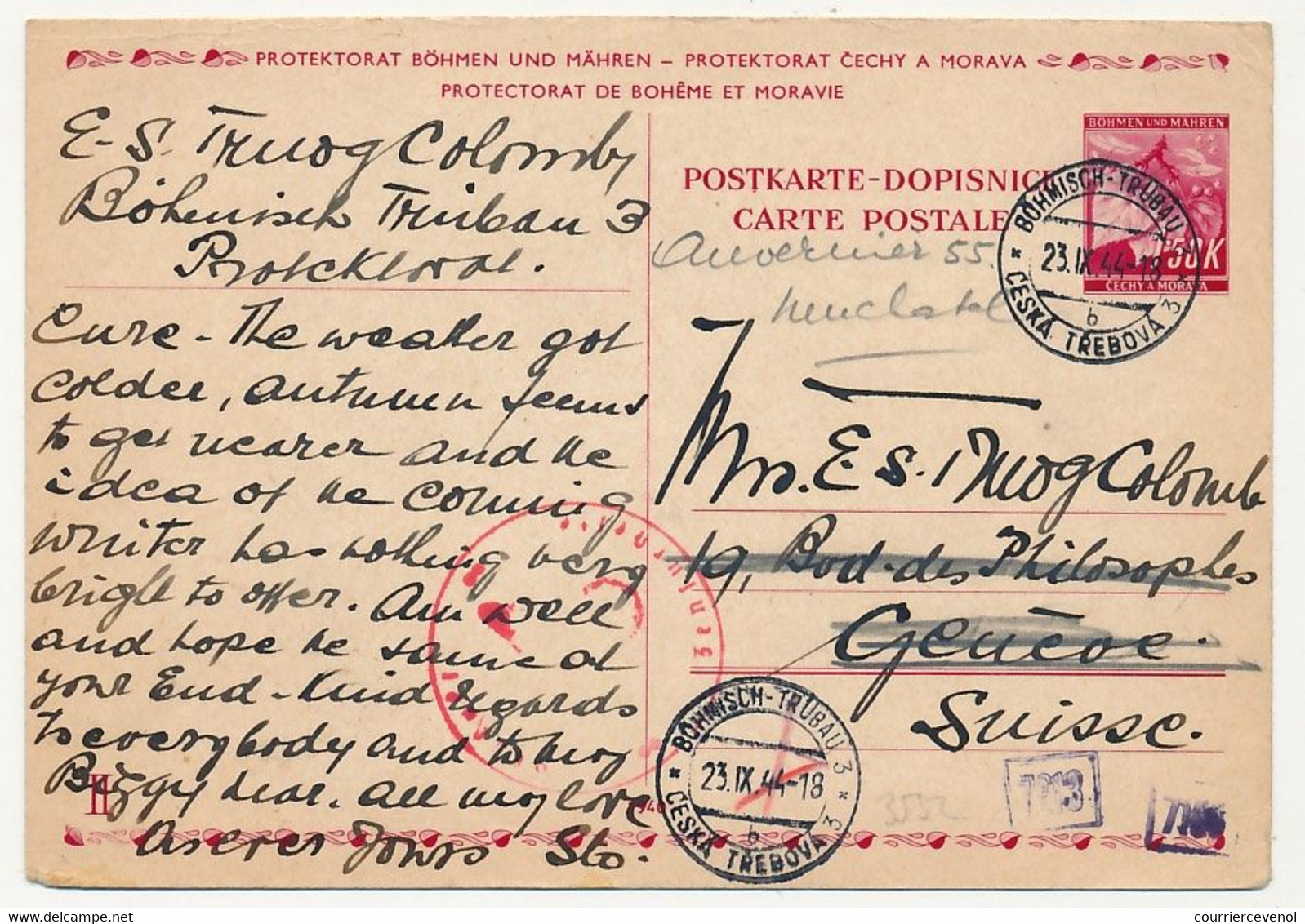 BOHEME MORAVIE - 4 Enveloppes + 4 Entiers Postaux (CP) Depuis Böhmisch -Trübau Et Parnis, Pour Genève - 1941 à 1944 - Storia Postale