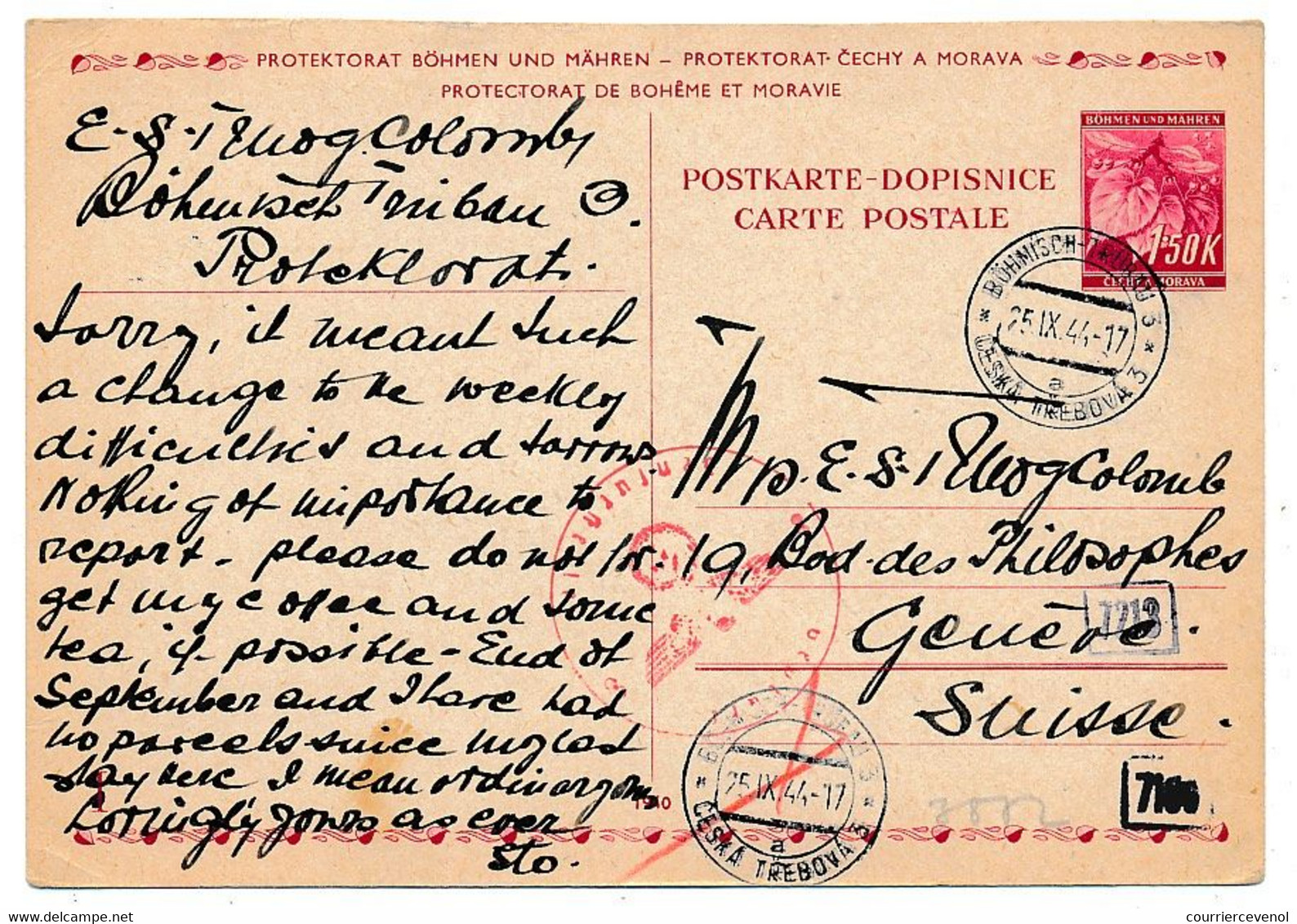 BOHEME MORAVIE - 4 enveloppes + 4 entiers postaux (CP) depuis Böhmisch -Trübau et Parnis, pour Genève - 1941 à 1944