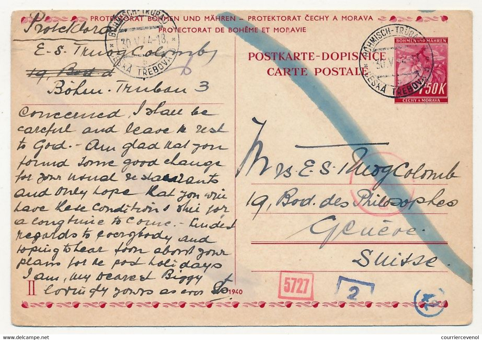 BOHEME MORAVIE - 4 enveloppes + 4 entiers postaux (CP) depuis Böhmisch -Trübau et Parnis, pour Genève - 1941 à 1944