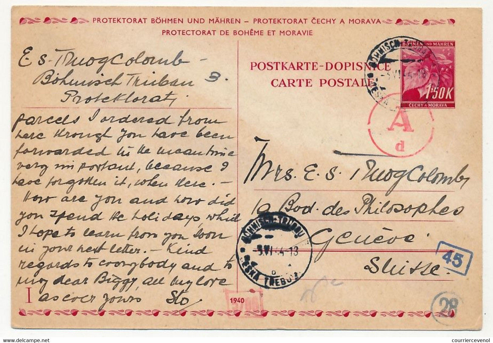 BOHEME MORAVIE - 4 enveloppes + 4 entiers postaux (CP) depuis Böhmisch -Trübau et Parnis, pour Genève - 1941 à 1944