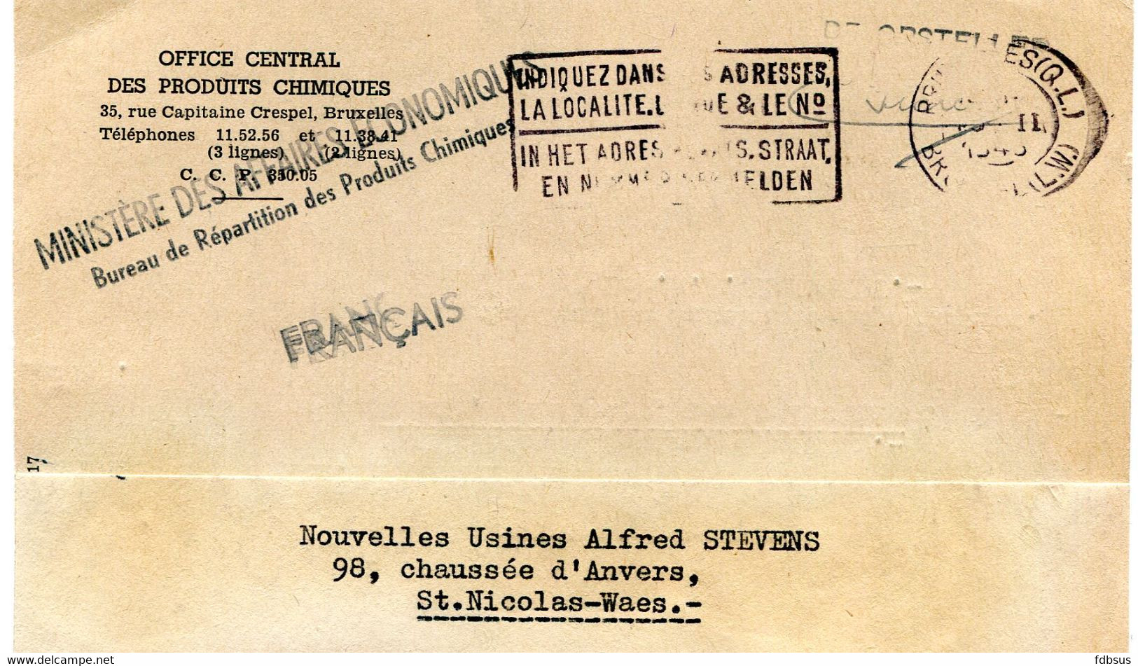 1945 Kaart OFFICE CENTRAL PRODUITS CHIMIQUES Brussel Naar St Niklaas - Met Stempel MINISTERE ECONOMIQUES + FRANCAIS + - ...-1959