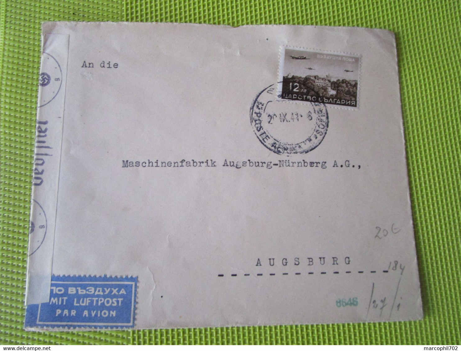 Lettre Censurée Evsc De Bulgarie Pour La France 20/9/41 - Guerre