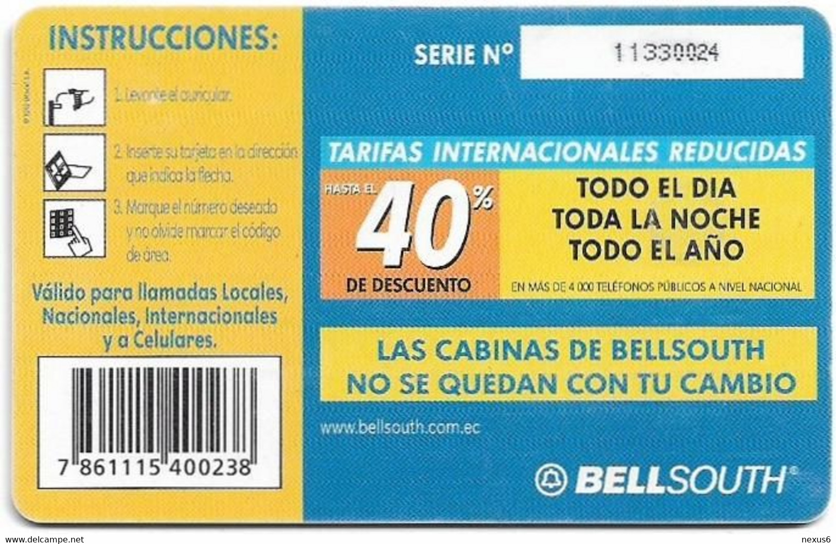 Ecuador - Bell South - Tarifas Internacionales Reducidas, Gem5 Black, 2002, 3$, Used - Ecuador