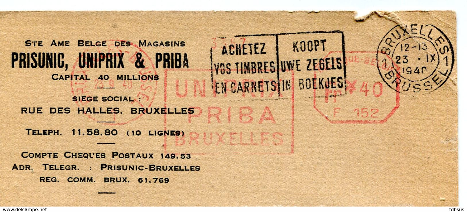 1940 Kaart S.A. PRISUNIC UNIPRIX PRIBA  Bruxelles Naar St Niklaas - ...-1959