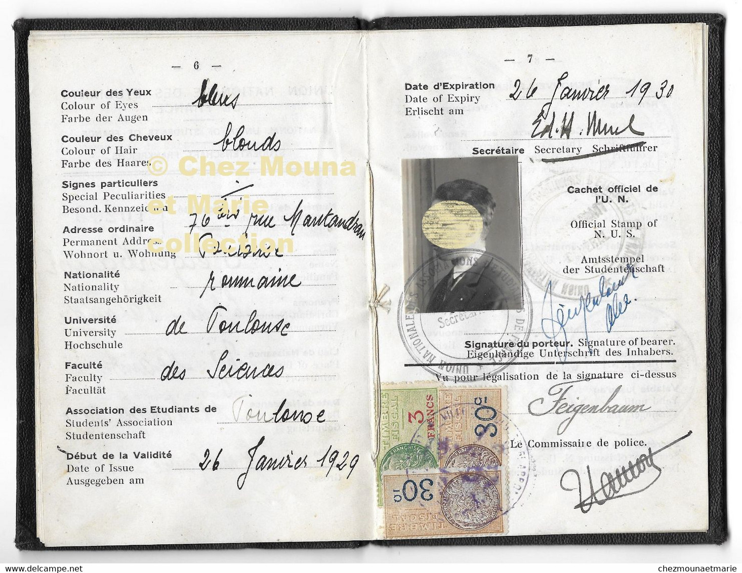 1929 CARTE D IDENTITE D ETUDIANT A TOULOUSE SCIENCE FEIGENBAUM ELIAS ALEXANDRE NE EN 1910 ROUMANIE - Documentos Históricos