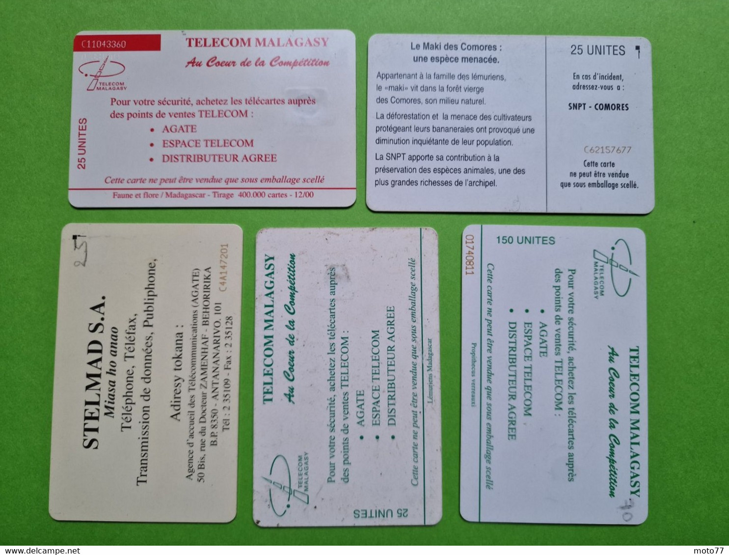 Lot 5 cartes téléphonique MADAGASCAR et COMORES - VIDE - Télécarte Cabine téléphone - LÉMURIENS - 2000
