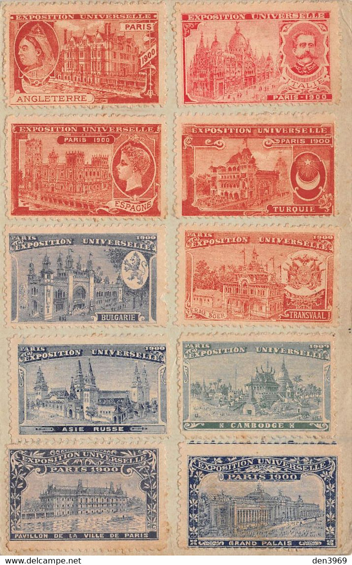 Erinnophilie - 10 Timbres / Vignettes Exposition Universelle Paris 1900 Collés Sur CPA - Asie Russe, Transvaal, Cambodge - Tourism (Labels)