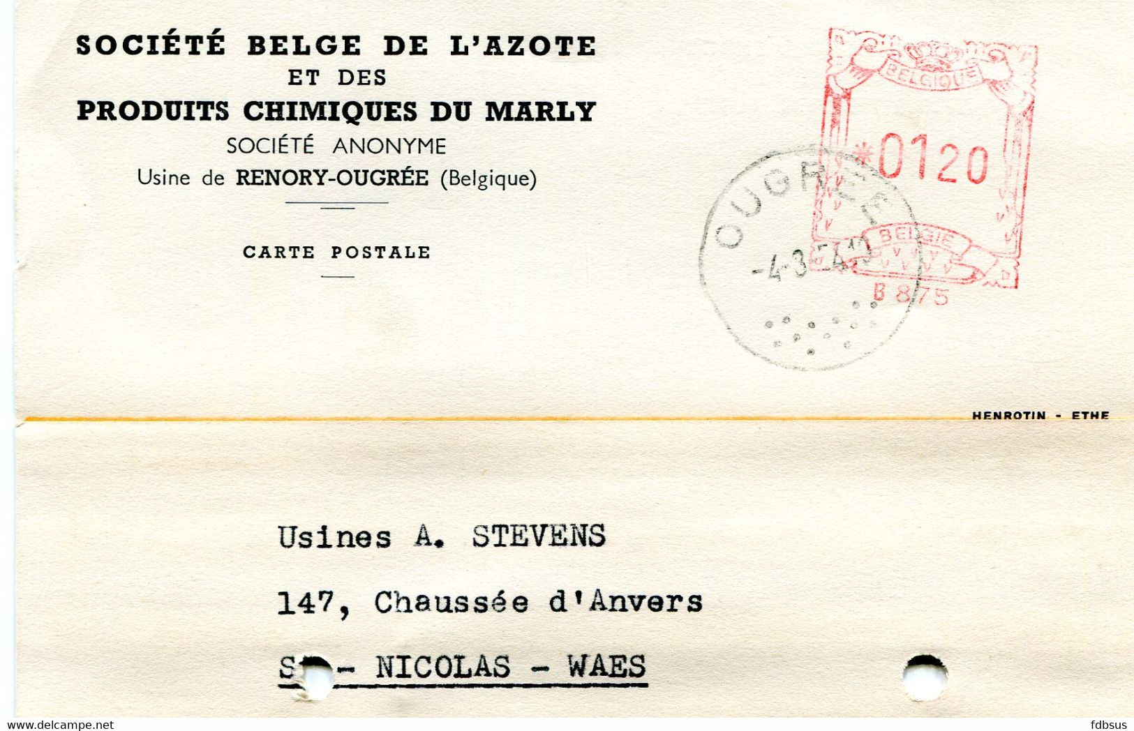1954 Kaart SOCIETE BELGE L'AZOTE Et PRODUITS CHIMIQUES DU MARLY Naar St Niklaas - ...-1959