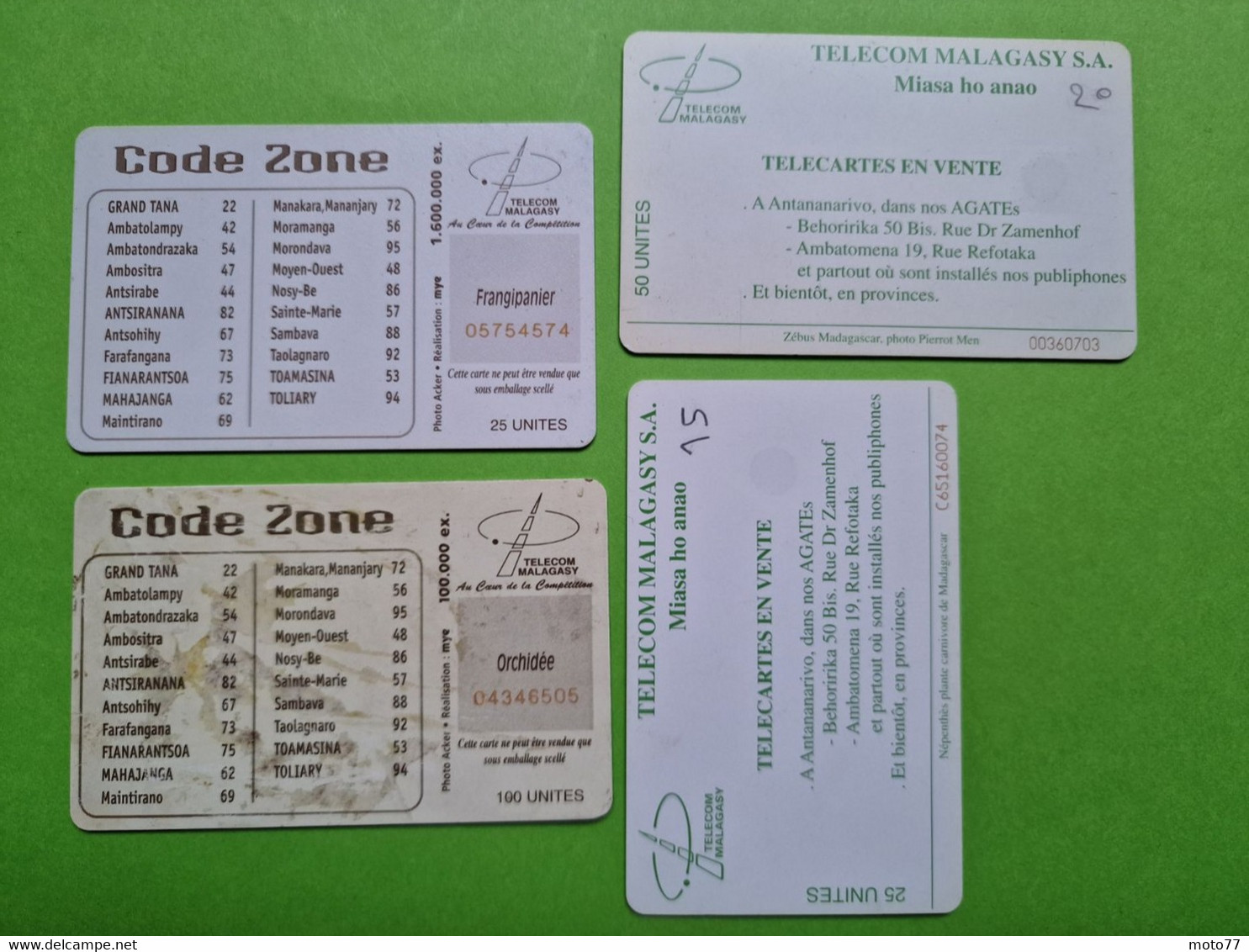 Lot 4 cartes téléphonique MADAGASCAR - VIDE - Télécarte Cabine téléphone - FLEURS Zébus