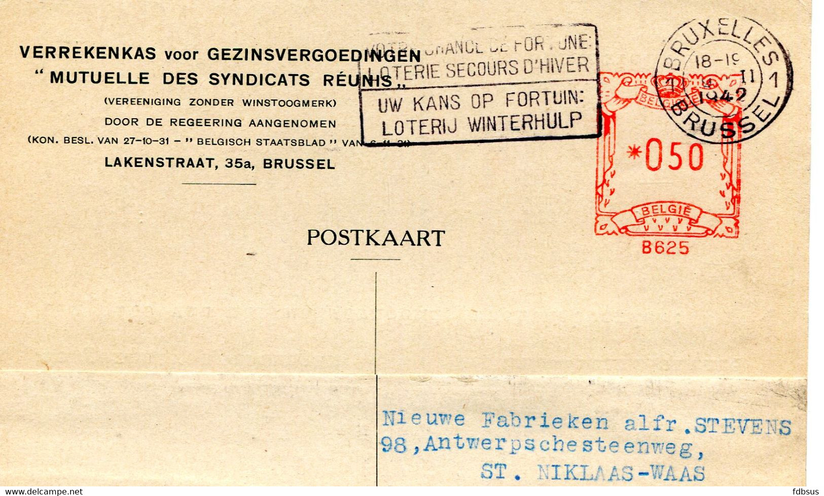 1942 Kaart Verrekenkas Gezinsvergoedingen Brussel Naar St Niklaas - ...-1959